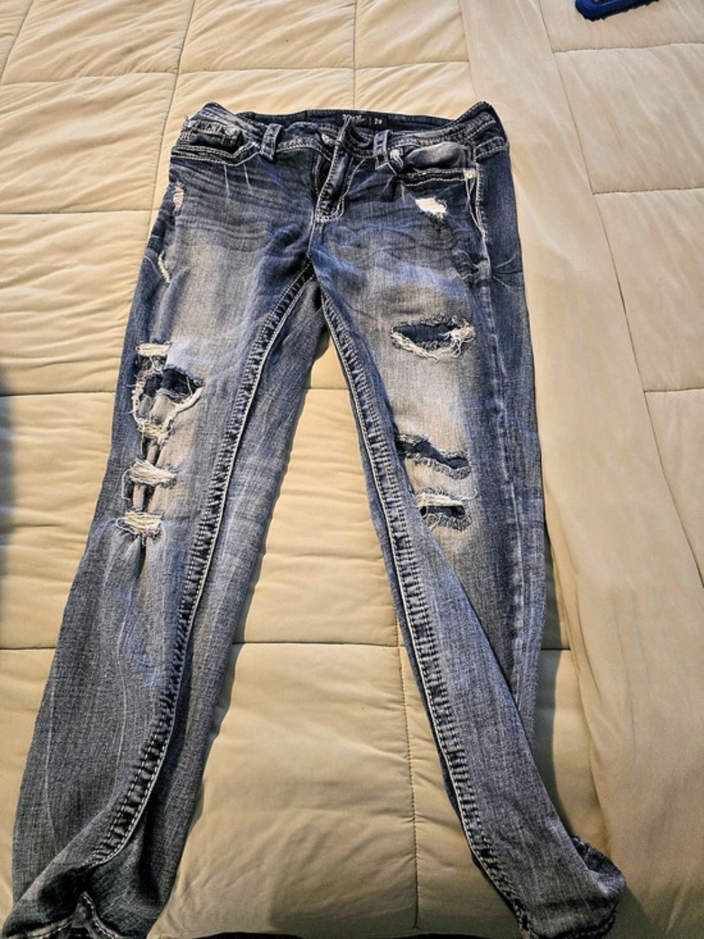 Miss Me Mid-Rise Ankle Skinny Distressed Skinny Jeans in Blue Waist 29
